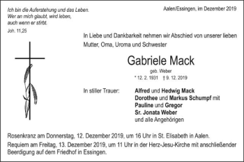 Traueranzeige von Gabriele Mack von Schwäbische Post