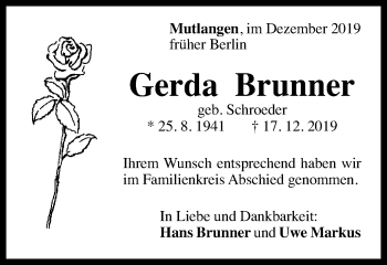 Traueranzeige von Gerda Brunner