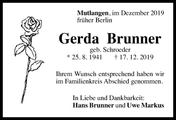 Traueranzeige von Gerda Brunner von Gmünder Tagespost