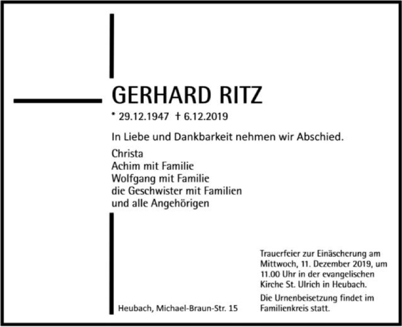  Traueranzeige für Gerhard Ritz vom 09.12.2019 aus Gmünder Tagespost