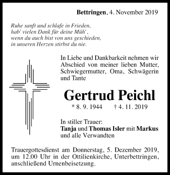 Traueranzeige von Gertrud Peichl von Gmünder Tagespost