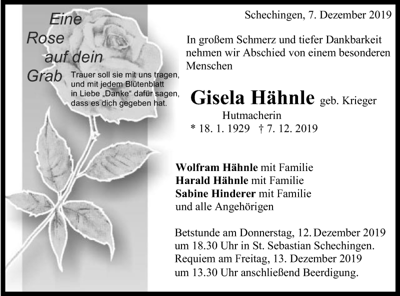  Traueranzeige für Gisela Hähnle vom 10.12.2019 aus Gmünder Tagespost
