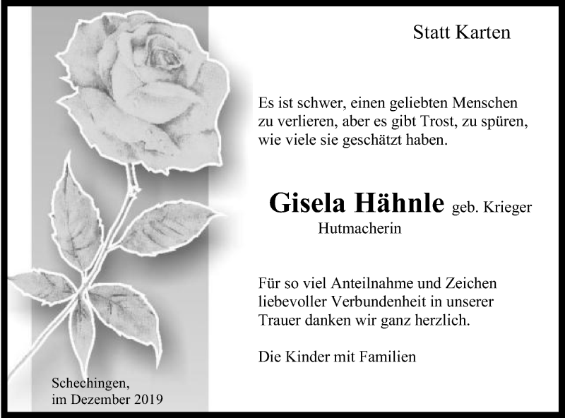  Traueranzeige für Gisela Hähnle vom 23.12.2019 aus Gmünder Tagespost
