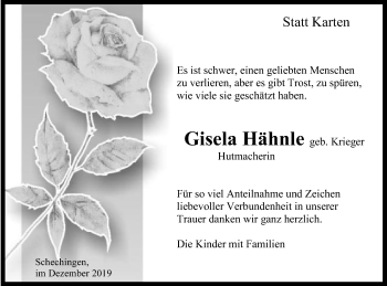 Traueranzeige von Gisela Hähnle