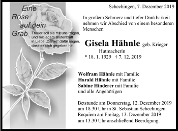Traueranzeige von Gisela Hähnle von Gmünder Tagespost