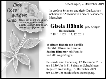 Traueranzeige von Gisela Hähnle