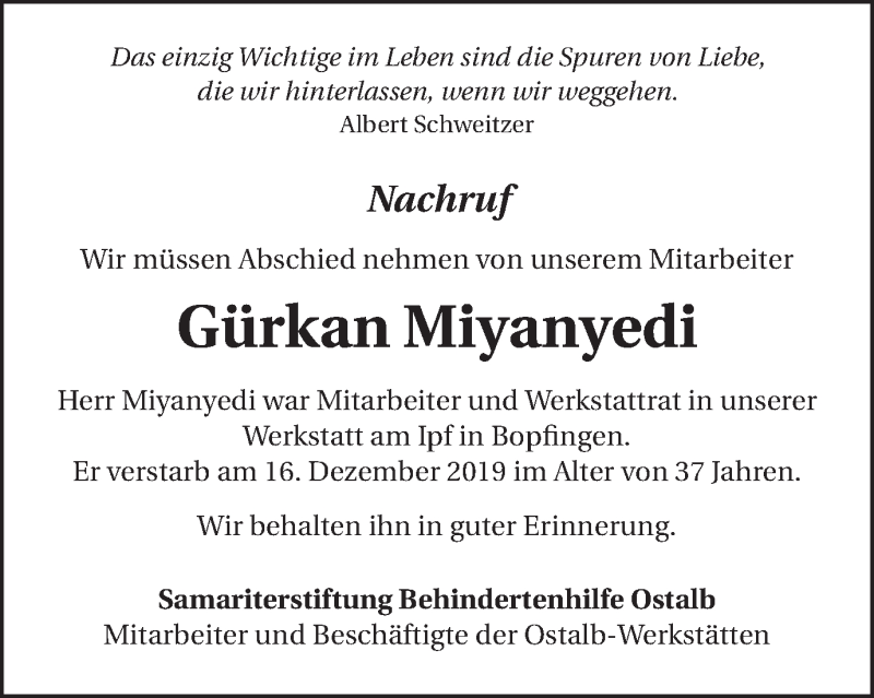  Traueranzeige für Gürkan Miyanyedi vom 20.12.2019 aus Schwäbische Post