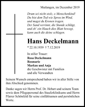 Traueranzeige von Hans Deckelmann von Gmünder Tagespost
