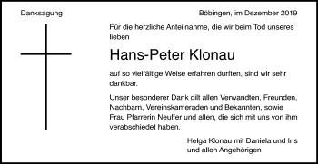 Traueranzeige von Hans-Peter Klonau von Gmünder Tagespost
