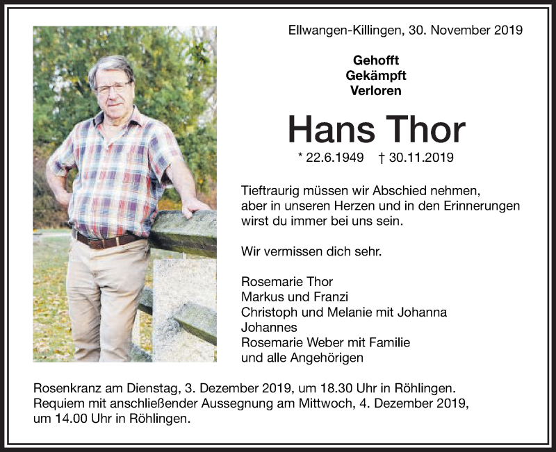  Traueranzeige für Hans Thor vom 02.12.2019 aus Schwäbische Post