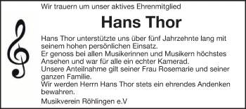 Traueranzeige von Hans Thor von Schwäbische Post