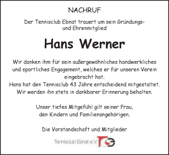 Traueranzeige von Hans Werner von Schwäbische Post