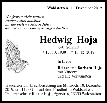 Traueranzeige von Hedwig Hoja von Gmünder Tagespost