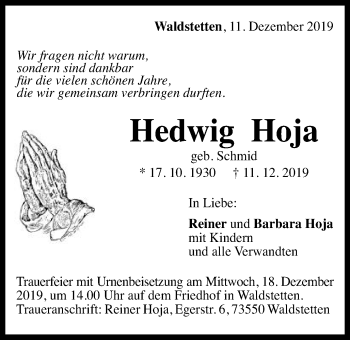 Traueranzeige von Hedwig Hoja