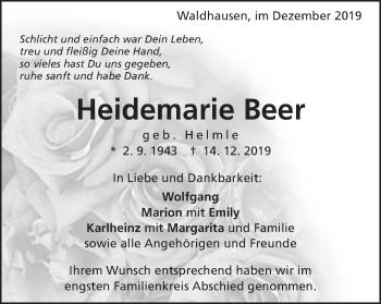 Traueranzeige von Heidemarie Beer von Schwäbische Post