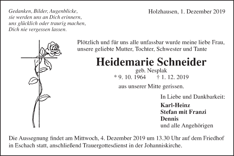  Traueranzeige für Heidemarie Schneider vom 03.12.2019 aus Gmünder Tagespost