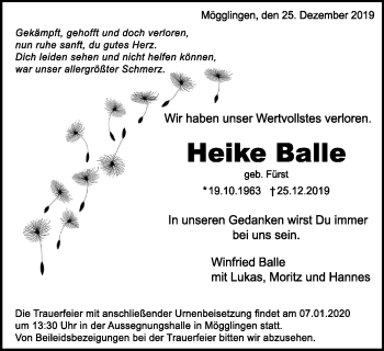 Traueranzeige von Heike Balle von Schwäbische Post