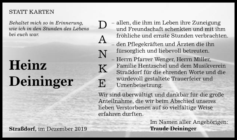  Traueranzeige für Heinz Deininger vom 21.12.2019 aus Gmünder Tagespost