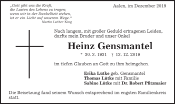 Traueranzeige von Heinz Gensmantel von Schwäbische Post