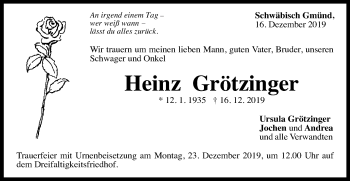 Traueranzeige von Heinz Grötzinger von Gmünder Tagespost