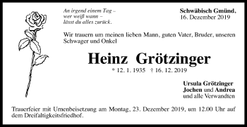 Traueranzeige von Heinz Grötzinger