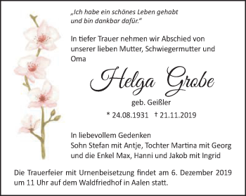 Traueranzeige von Helga Grobe von Schwäbische Post