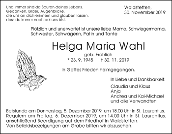 Traueranzeige von Helga Maria Wahl