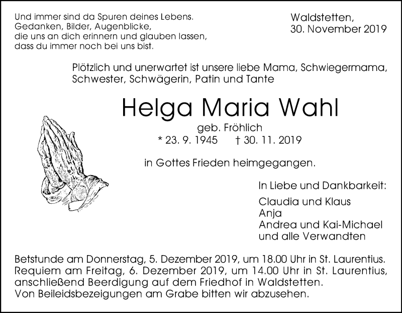 Traueranzeige für Helga Maria Wahl vom 02.12.2019 aus Gmünder Tagespost
