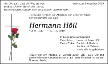 Traueranzeige von Hermann Höll von Schwäbische Post