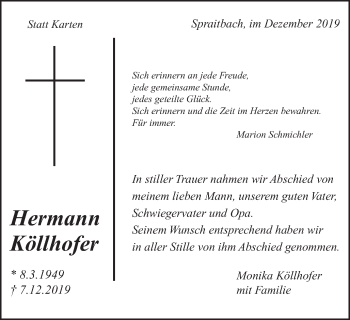 Traueranzeige von Hermann Köllhofer von Gmünder Tagespost