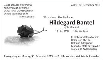 Traueranzeige von Hildegard Bantel von Schwäbische Post