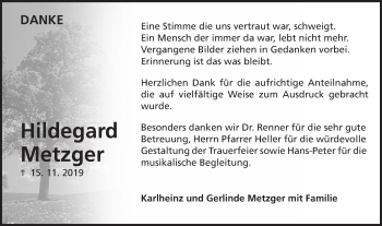 Traueranzeige von Hildegard Metzger von Schwäbische Post
