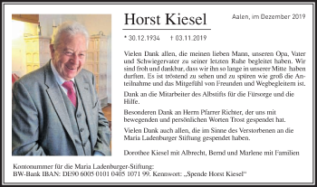 Traueranzeige von Horst Kiesel von Schwäbische Post