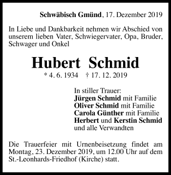 Traueranzeige von Hubert Schmid