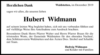 Traueranzeige von Hubert Widmann von Gmünder Tagespost