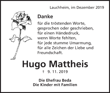 Traueranzeige von Hugo Mattheis von Schwäbische Post