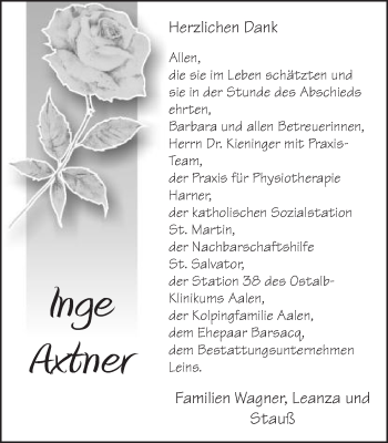 Traueranzeige von Inge Axtner von Schwäbische Post