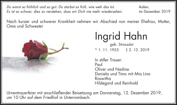 Traueranzeige von Ingrid Hahn von Schwäbische Post