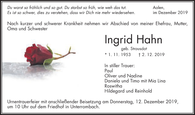  Traueranzeige für Ingrid Hahn vom 09.12.2019 aus Schwäbische Post