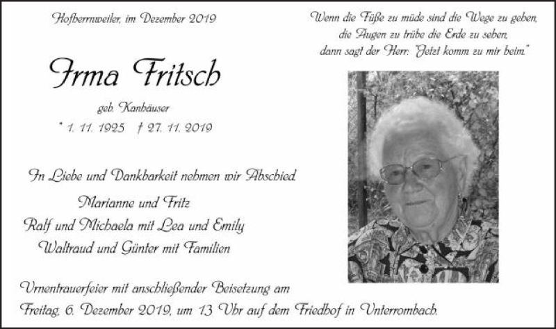  Traueranzeige für Irma Fritsch vom 03.12.2019 aus Schwäbische Post