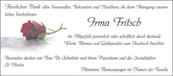 Traueranzeige von Irma Fritsch von Schwäbische Post