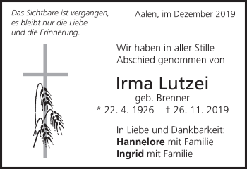 Traueranzeige von Irma Lutzei von Schwäbische Post
