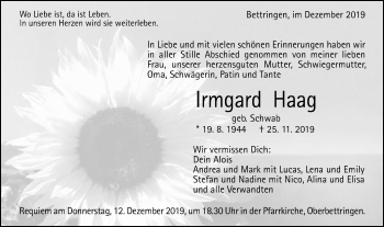Traueranzeige von Irmgard Haag von Gmünder Tagespost