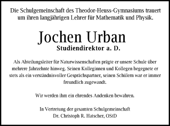 Traueranzeige von Jochen Urban von Schwäbische Post