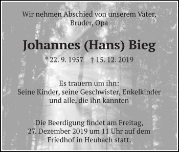 Traueranzeige von Johannes Bieg von Gmünder Tagespost