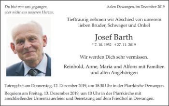 Traueranzeige von Josef Barth von Schwäbische Post