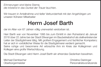 Traueranzeige von Josef Barth von Schwäbische Post