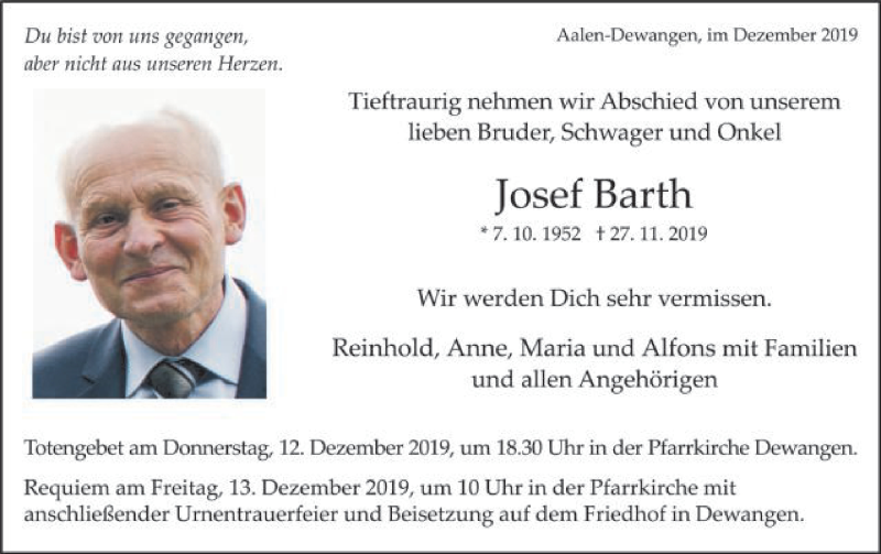  Traueranzeige für Josef Barth vom 10.12.2019 aus Schwäbische Post