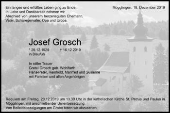 Traueranzeige von Josef Grosch von Gmünder Tagespost