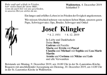 Traueranzeige von Josef Klingler von Gmünder Tagespost